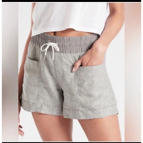 Athleta Cabo Linen Shorts Women 2 Gray Pull-On Cuffed Leg Light Beach Travel - Picture 6 of 10